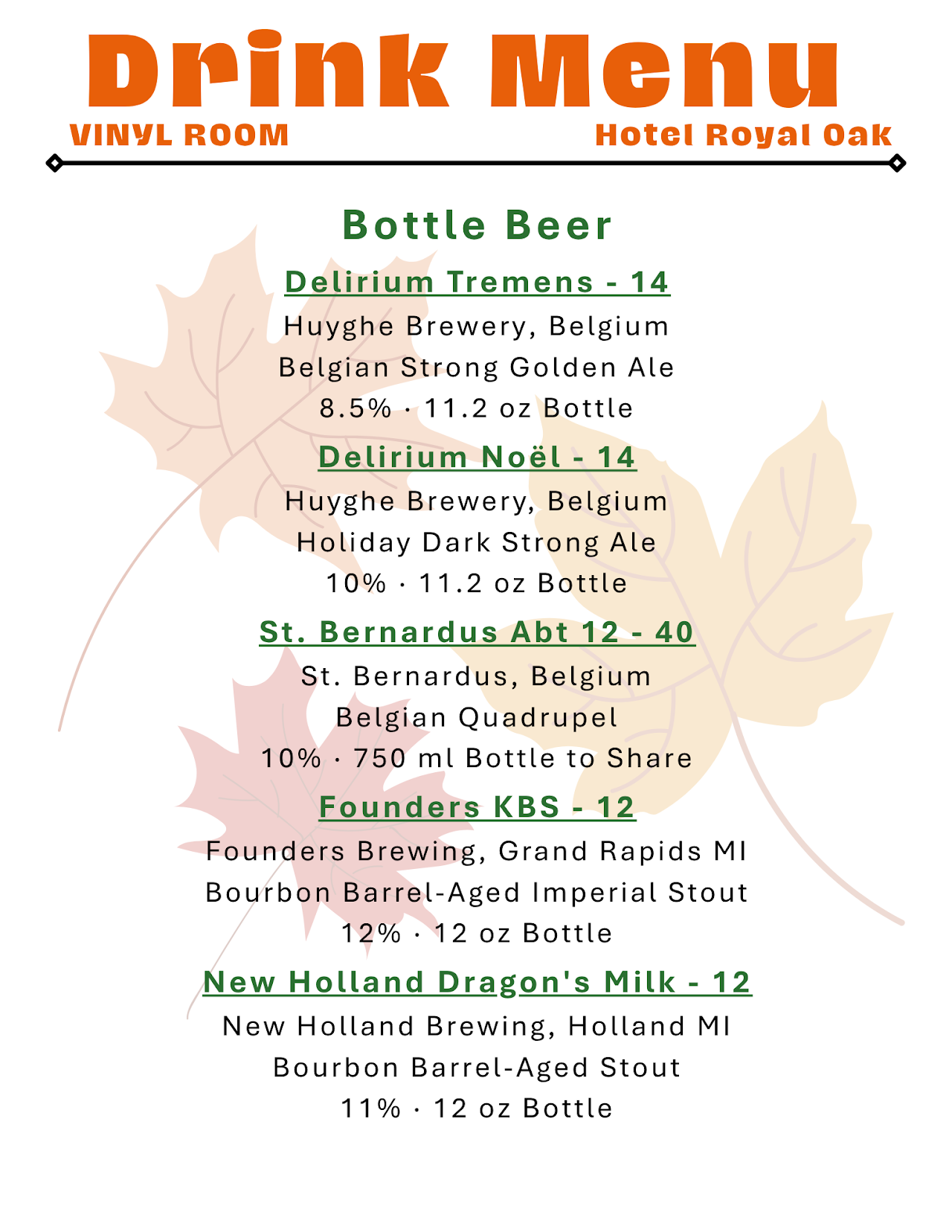 Vinyl Room Beer Menu